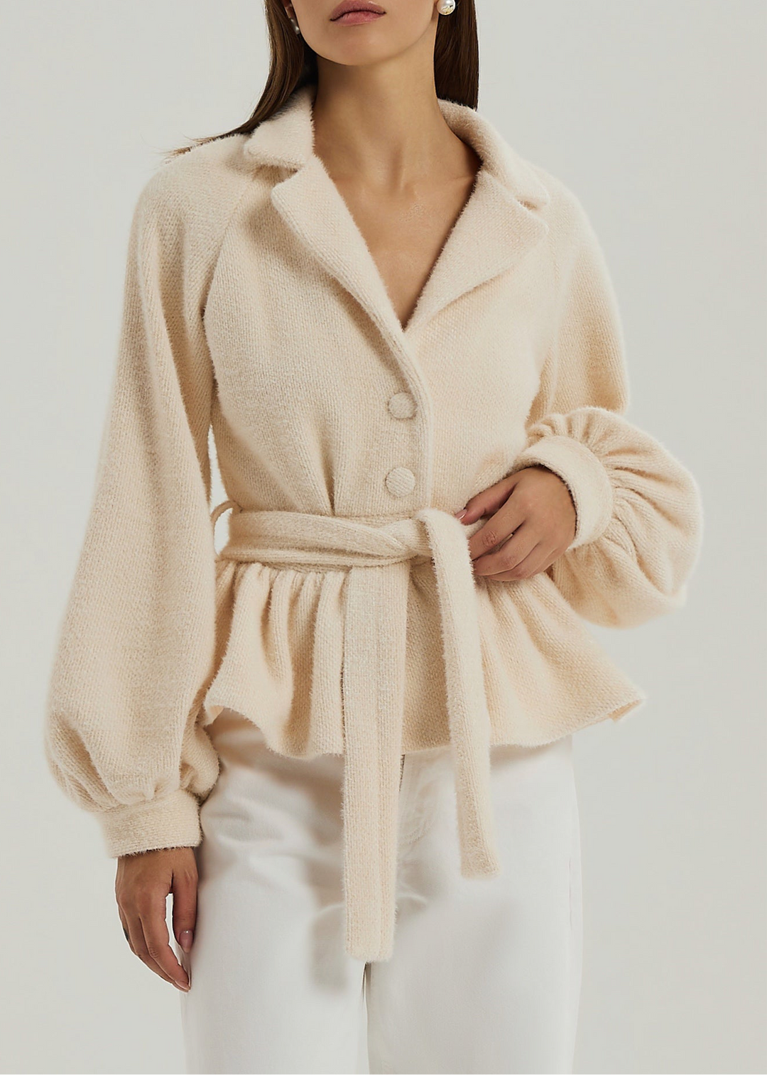 Palais Gebreid Peplum Vest met Ceintuur | Ivory Blush