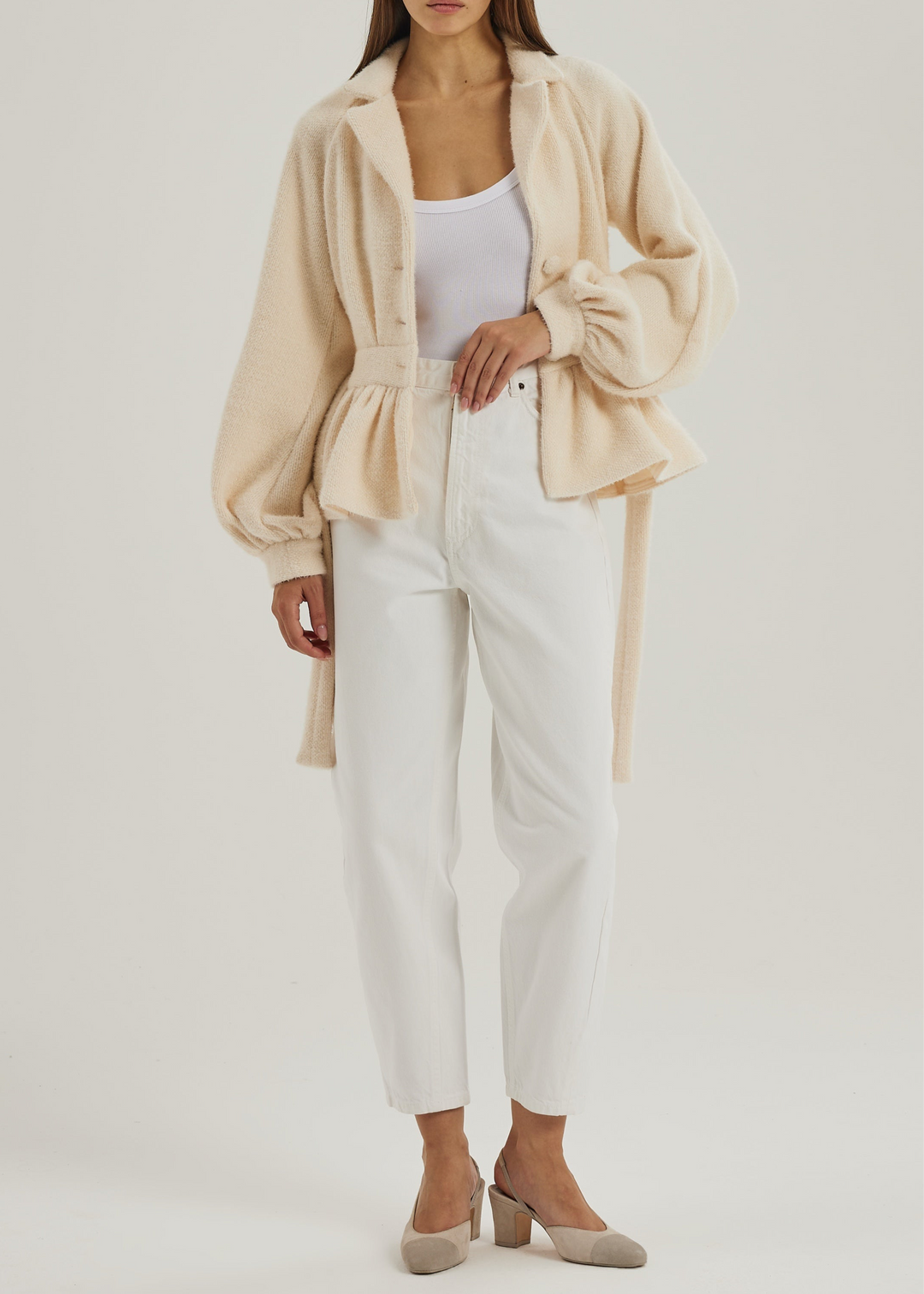 Palais Gebreid Peplum Vest met Ceintuur | Ivory Blush