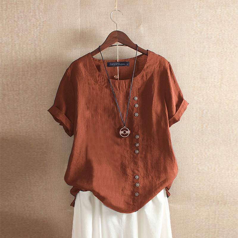 Gerlina - Linnen Blouse met Korte Mouw en Knoopsluiting