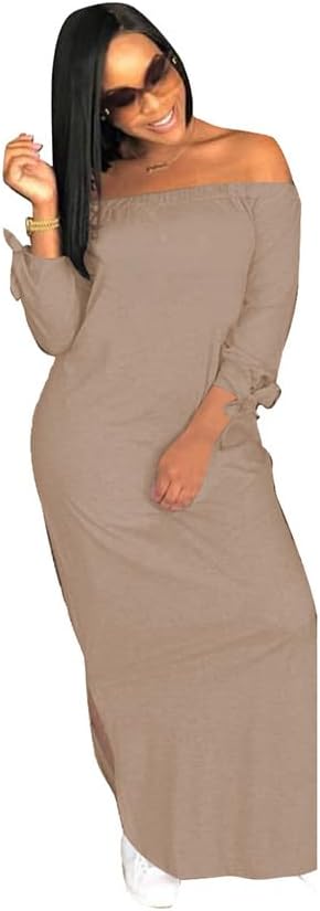 OLUOLIN Women's Casual Letter Print Off Shoulder Long Sleeve Bowknot Sides Slit Loose Long T-Shirt Maxi Dress