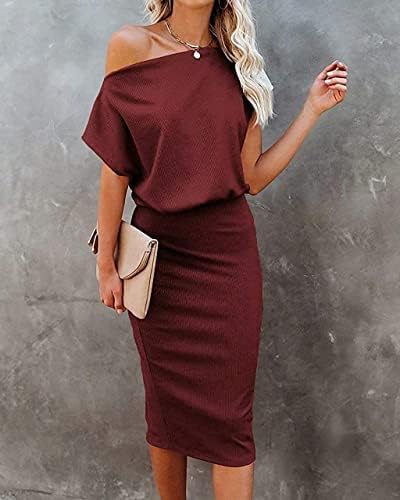 Ezbelle Women's 2025 Summer Dress Off The Shoulder Short Sleeve Ribbed Casual Party Bodycon Midi Dresses