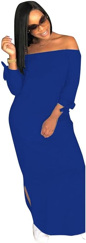 OLUOLIN Women's Casual Letter Print Off Shoulder Long Sleeve Bowknot Sides Slit Loose Long T-Shirt Maxi Dress