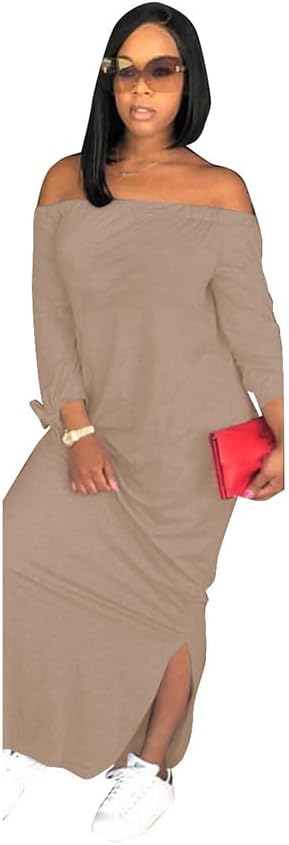 OLUOLIN Women's Casual Letter Print Off Shoulder Long Sleeve Bowknot Sides Slit Loose Long T-Shirt Maxi Dress