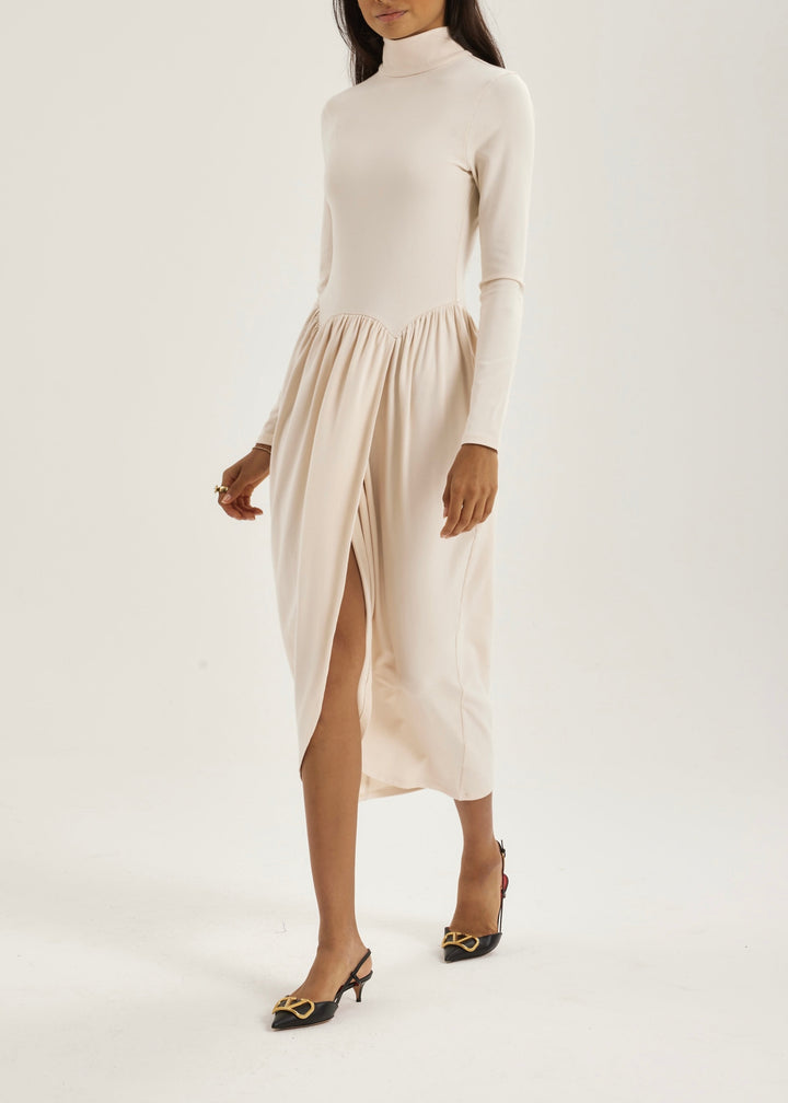 Valentina High Neck Jersey Drape Dress | Ivoor