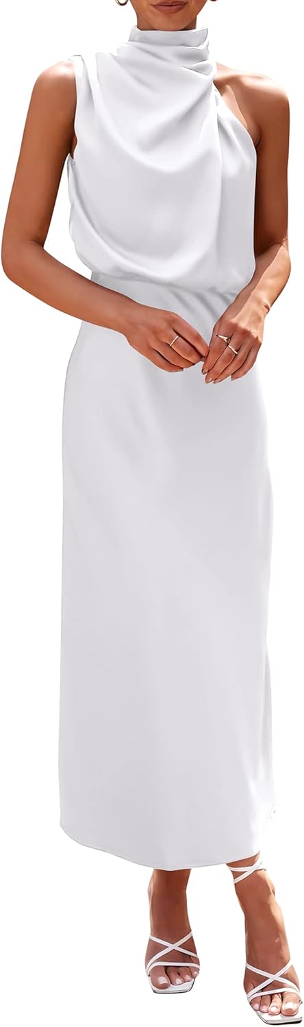 PRETTYGARDEN Women's 2025 Summer Satin Dress Elegant Sleeveless Mock Neck Cocktail Party Maxi Dresses