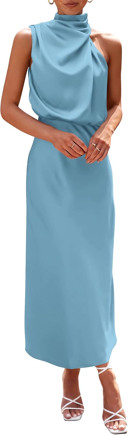 PRETTYGARDEN Women's 2025 Summer Satin Dress Elegant Sleeveless Mock Neck Cocktail Party Maxi Dresses