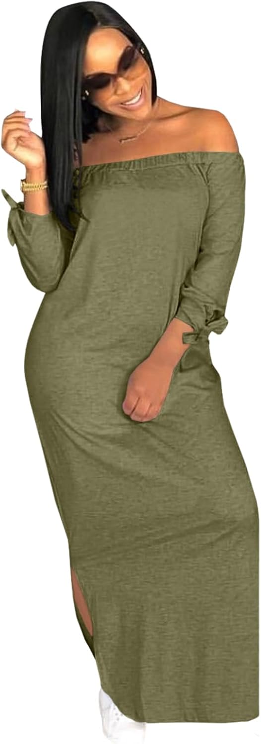 OLUOLIN Women's Casual Letter Print Off Shoulder Long Sleeve Bowknot Sides Slit Loose Long T-Shirt Maxi Dress