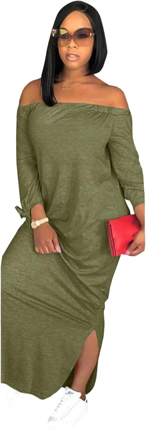 OLUOLIN Women's Casual Letter Print Off Shoulder Long Sleeve Bowknot Sides Slit Loose Long T-Shirt Maxi Dress
