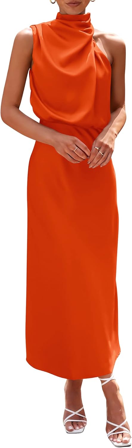 PRETTYGARDEN Women's 2025 Summer Satin Dress Elegant Sleeveless Mock Neck Cocktail Party Maxi Dresses
