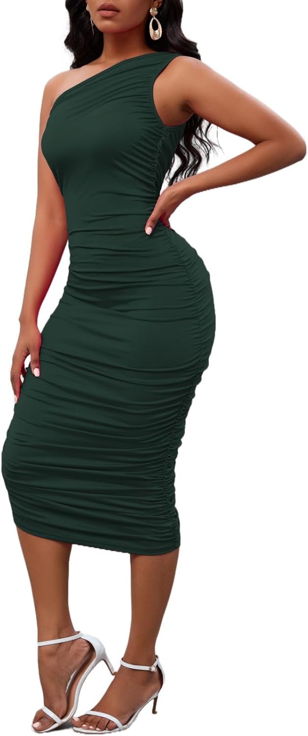 Women's Sexy One Shoulder Dresses Sleeveless Party Club Ruched Cocktail Wedding Guest Bodycon Midi Dress