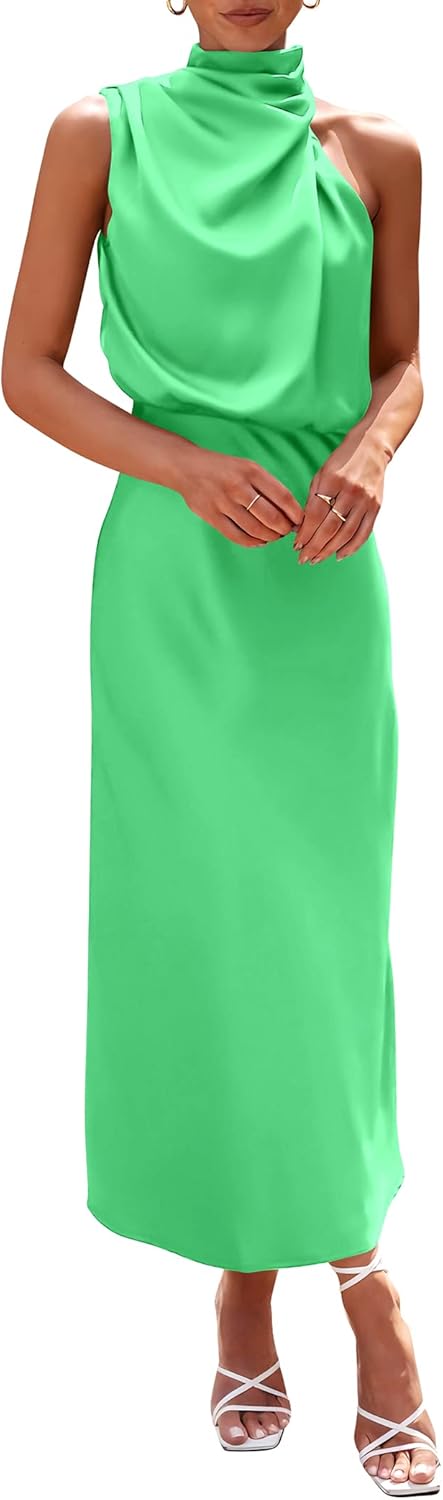 PRETTYGARDEN Women's 2025 Summer Satin Dress Elegant Sleeveless Mock Neck Cocktail Party Maxi Dresses