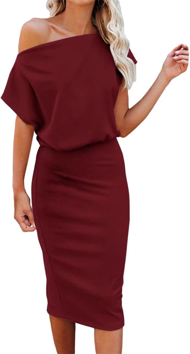 Ezbelle Women's 2025 Summer Dress Off The Shoulder Short Sleeve Ribbed Casual Party Bodycon Midi Dresses