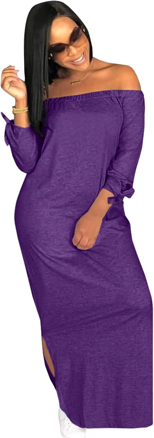 OLUOLIN Women's Casual Letter Print Off Shoulder Long Sleeve Bowknot Sides Slit Loose Long T-Shirt Maxi Dress