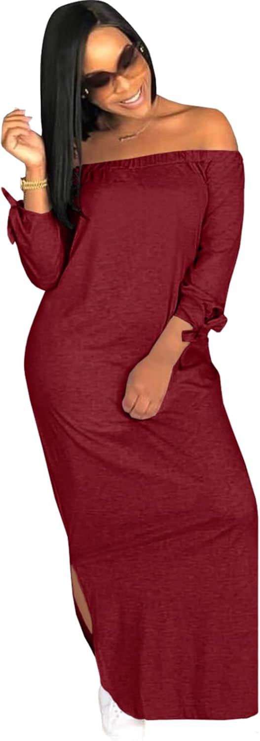 OLUOLIN Women's Casual Letter Print Off Shoulder Long Sleeve Bowknot Sides Slit Loose Long T-Shirt Maxi Dress