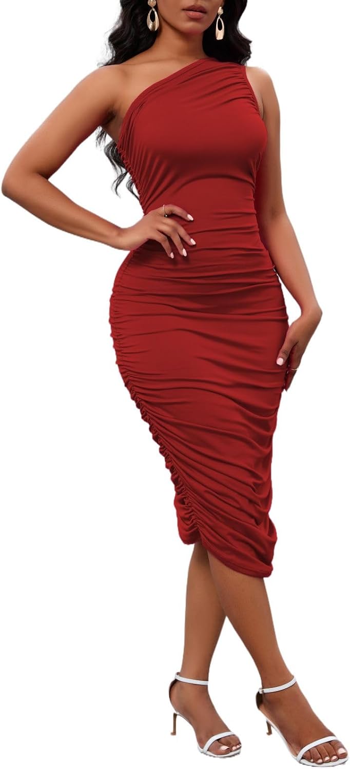 Women's Sexy One Shoulder Dresses Sleeveless Party Club Ruched Cocktail Wedding Guest Bodycon Midi Dress