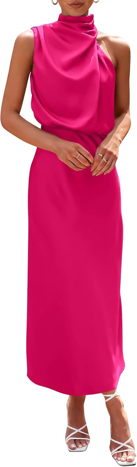 PRETTYGARDEN Women's 2025 Summer Satin Dress Elegant Sleeveless Mock Neck Cocktail Party Maxi Dresses
