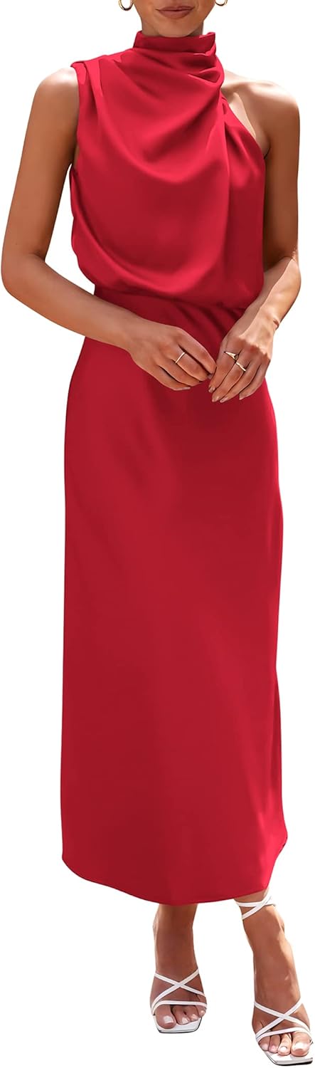 PRETTYGARDEN Women's 2025 Summer Satin Dress Elegant Sleeveless Mock Neck Cocktail Party Maxi Dresses
