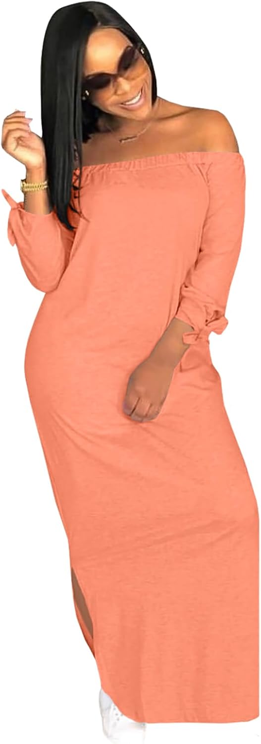 OLUOLIN Women's Casual Letter Print Off Shoulder Long Sleeve Bowknot Sides Slit Loose Long T-Shirt Maxi Dress