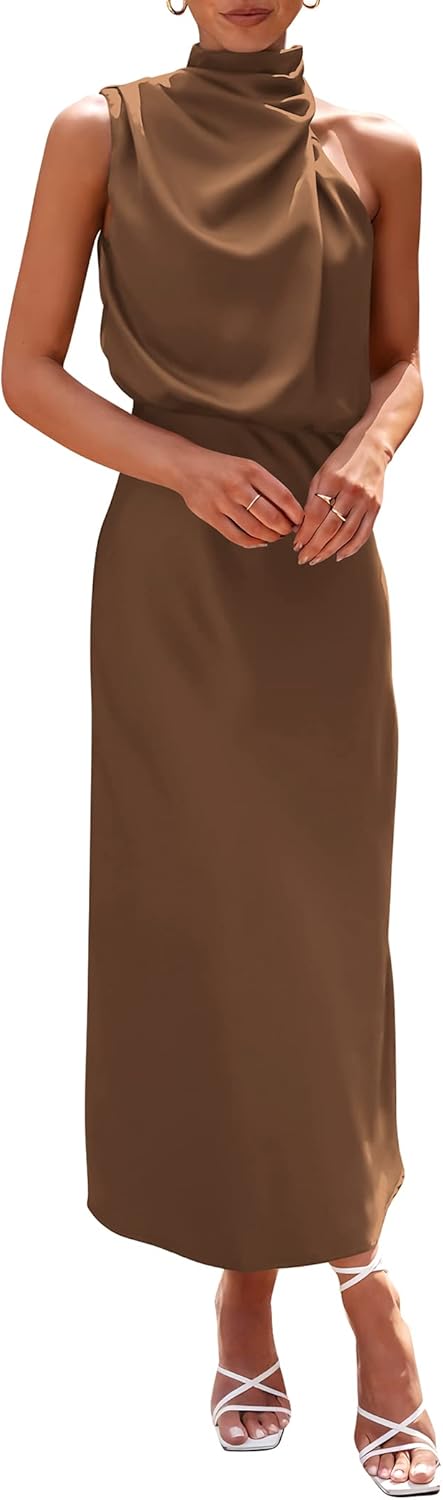 PRETTYGARDEN Women's 2025 Summer Satin Dress Elegant Sleeveless Mock Neck Cocktail Party Maxi Dresses