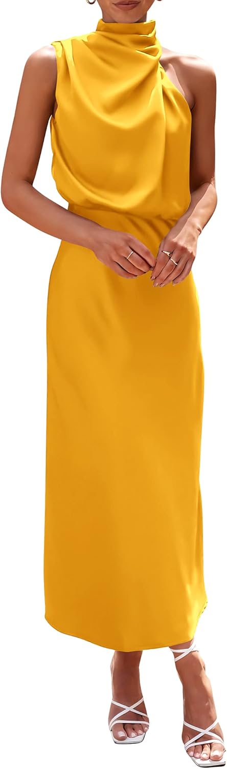 PRETTYGARDEN Women's 2025 Summer Satin Dress Elegant Sleeveless Mock Neck Cocktail Party Maxi Dresses