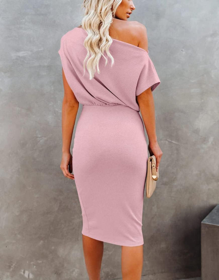 Ezbelle Women's 2025 Summer Dress Off The Shoulder Short Sleeve Ribbed Casual Party Bodycon Midi Dresses