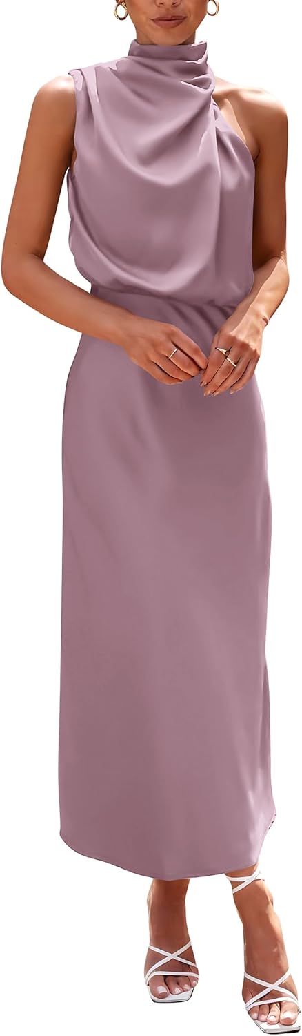 PRETTYGARDEN Women's 2025 Summer Satin Dress Elegant Sleeveless Mock Neck Cocktail Party Maxi Dresses