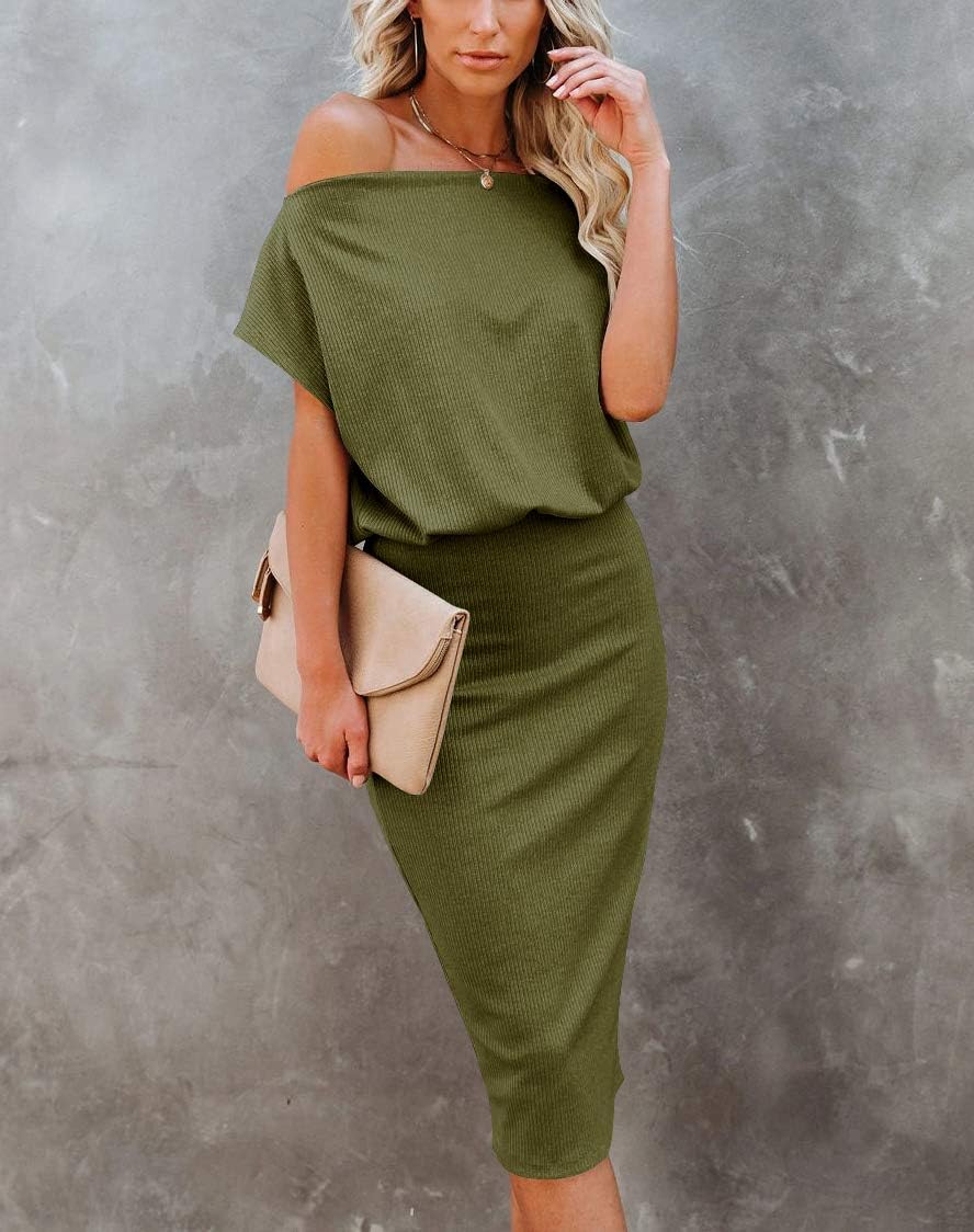 Ezbelle Women's 2025 Summer Dress Off The Shoulder Short Sleeve Ribbed Casual Party Bodycon Midi Dresses