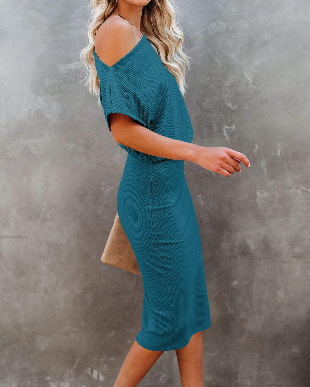 Ezbelle Women's 2025 Summer Dress Off The Shoulder Short Sleeve Ribbed Casual Party Bodycon Midi Dresses