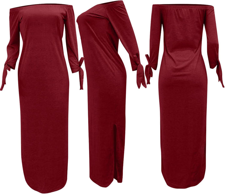 OLUOLIN Women's Casual Letter Print Off Shoulder Long Sleeve Bowknot Sides Slit Loose Long T-Shirt Maxi Dress