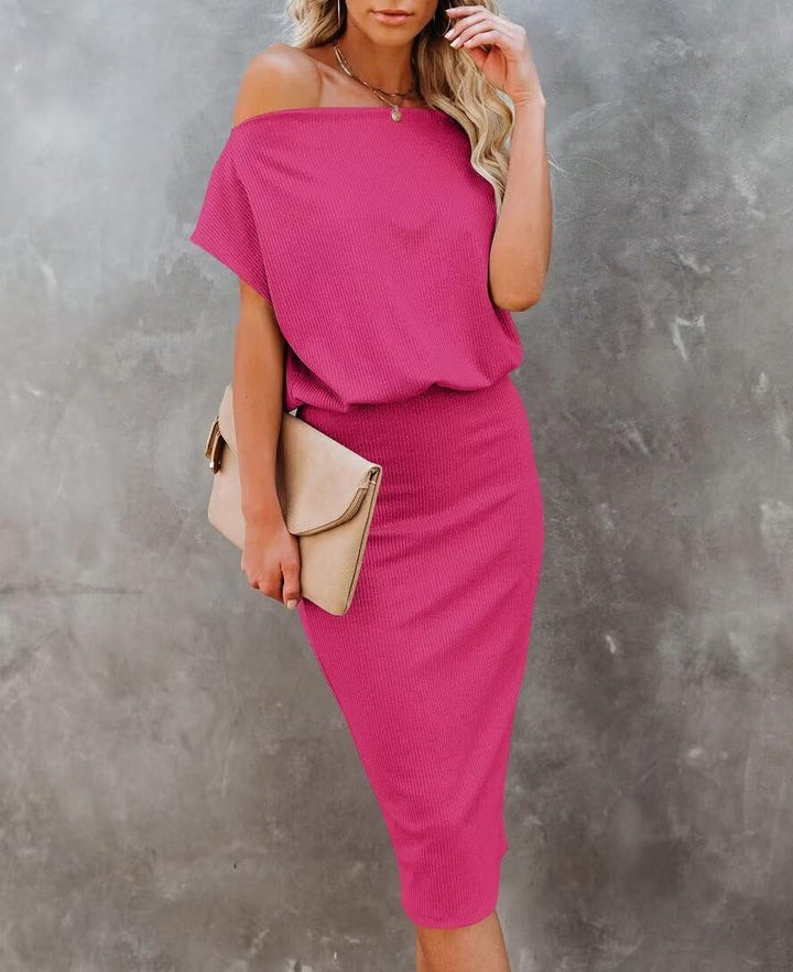 Ezbelle Women's 2025 Summer Dress Off The Shoulder Short Sleeve Ribbed Casual Party Bodycon Midi Dresses