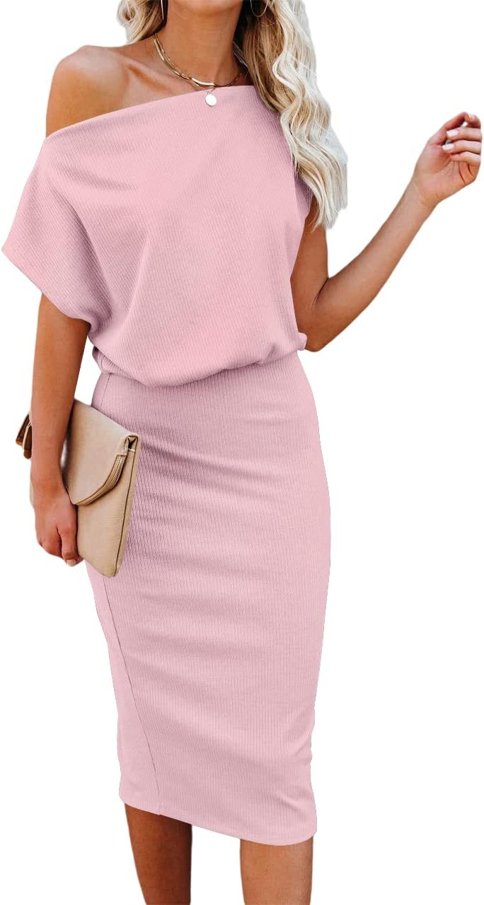 Ezbelle Women's 2025 Summer Dress Off The Shoulder Short Sleeve Ribbed Casual Party Bodycon Midi Dresses