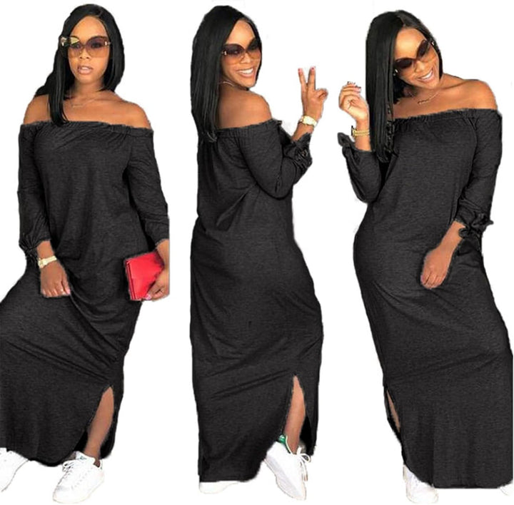 OLUOLIN Women's Casual Letter Print Off Shoulder Long Sleeve Bowknot Sides Slit Loose Long T-Shirt Maxi Dress