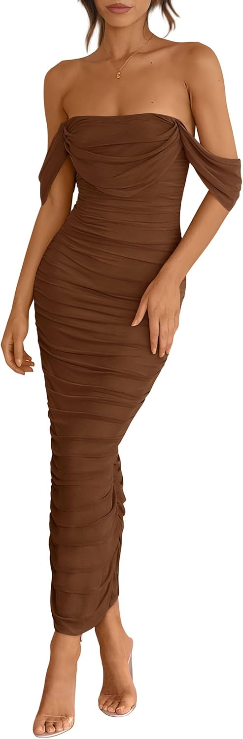 PRETTYGARDEN Womens 2025 Summer Off The Shoulder Dress Ruched Bodycon Sleeveless Split Cocktail Party Maxi Dresses