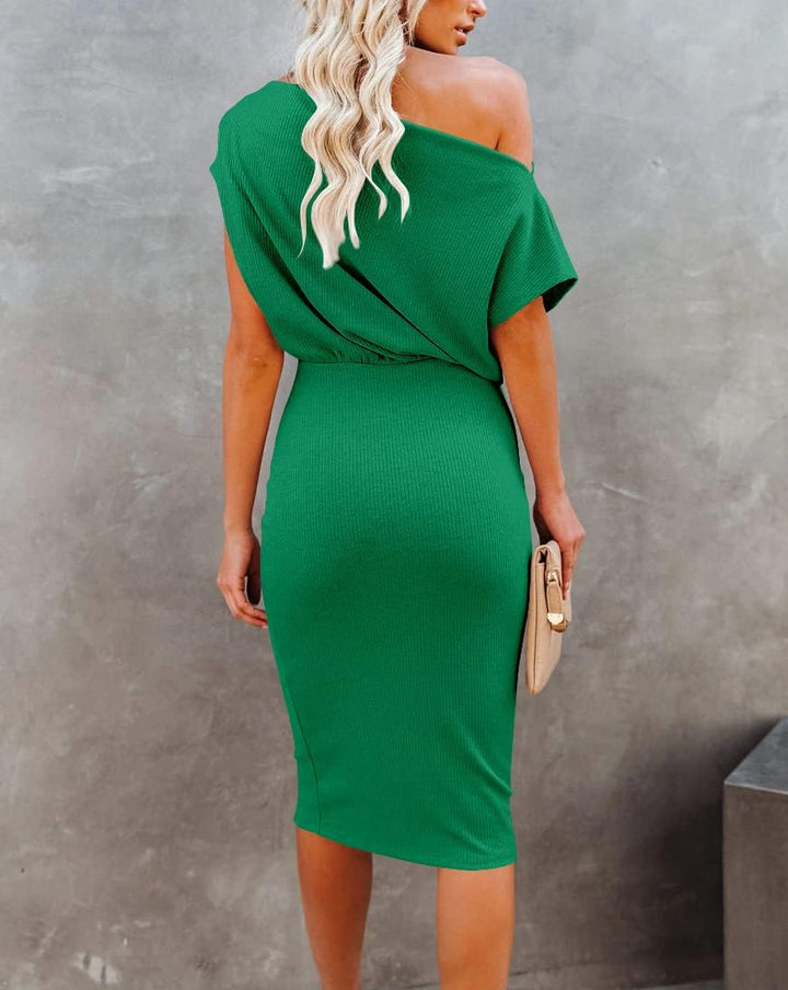 Ezbelle Women's 2025 Summer Dress Off The Shoulder Short Sleeve Ribbed Casual Party Bodycon Midi Dresses