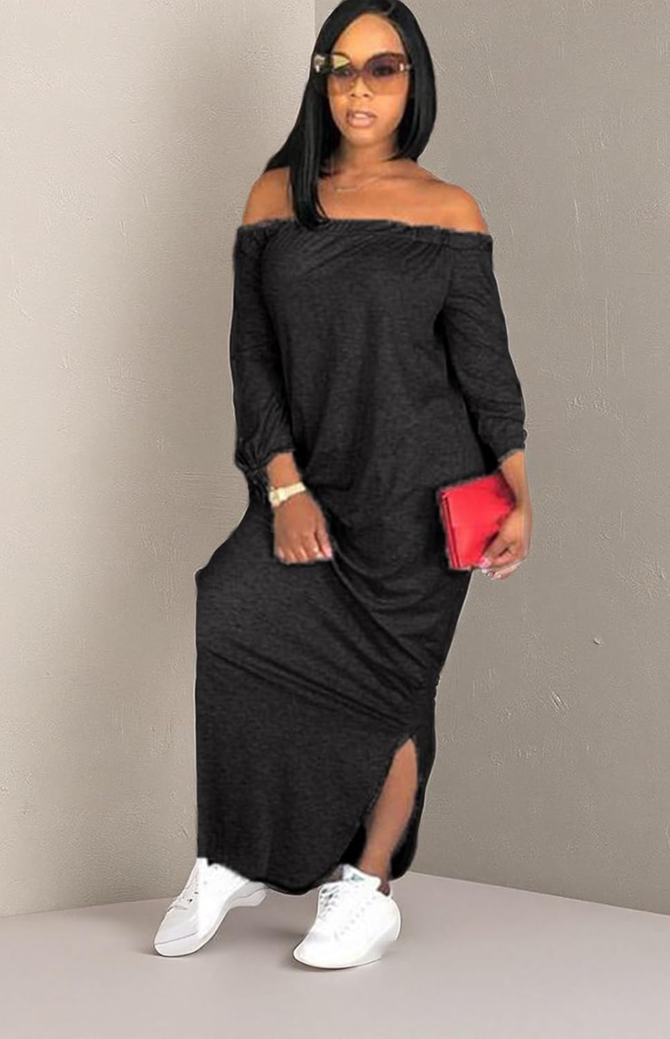 OLUOLIN Women's Casual Letter Print Off Shoulder Long Sleeve Bowknot Sides Slit Loose Long T-Shirt Maxi Dress