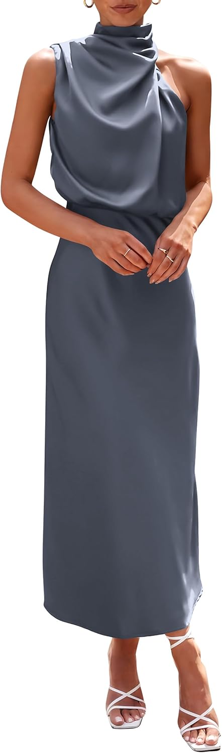 PRETTYGARDEN Women's 2025 Summer Satin Dress Elegant Sleeveless Mock Neck Cocktail Party Maxi Dresses
