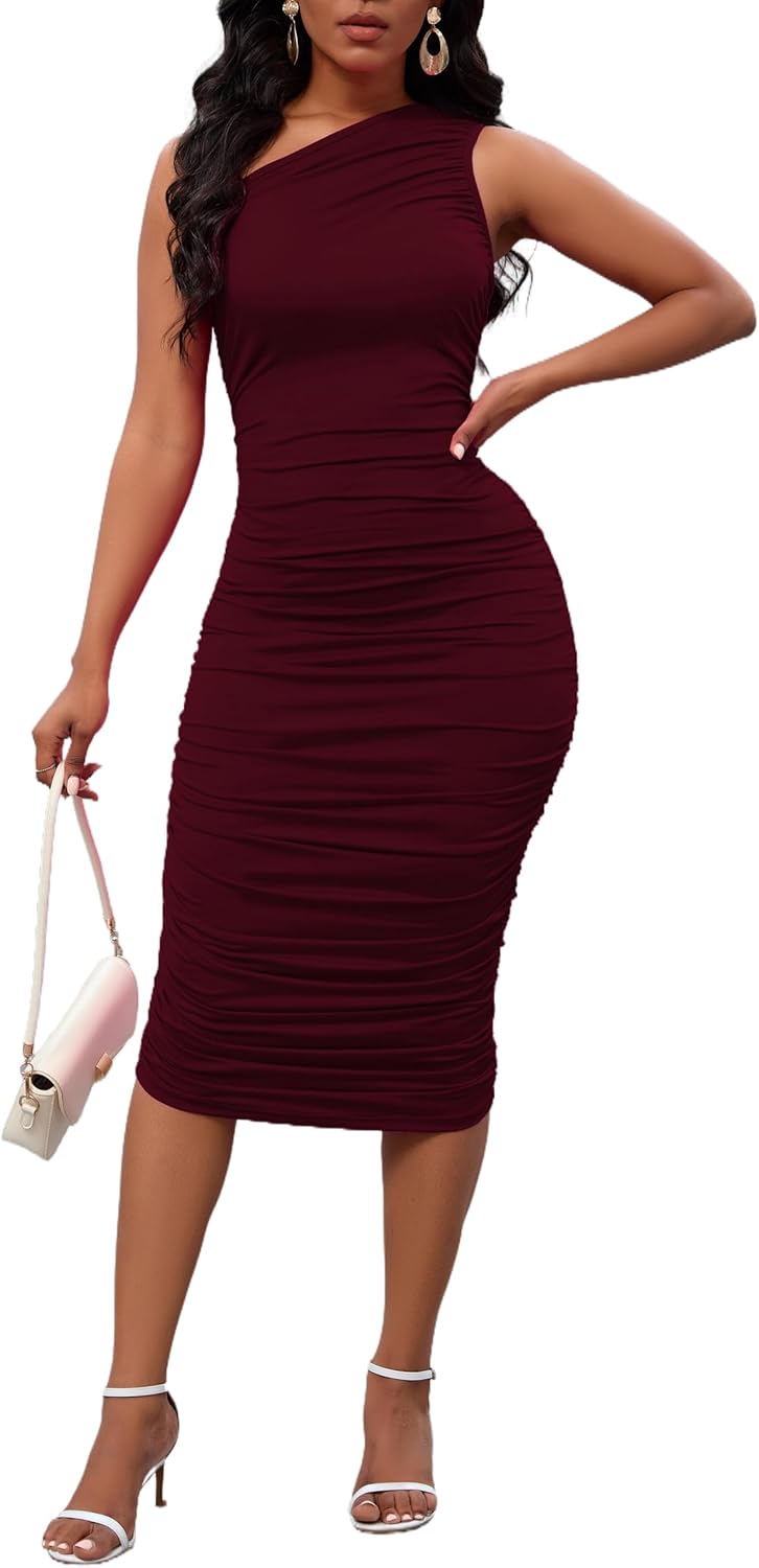Women's Sexy One Shoulder Dresses Sleeveless Party Club Ruched Cocktail Wedding Guest Bodycon Midi Dress