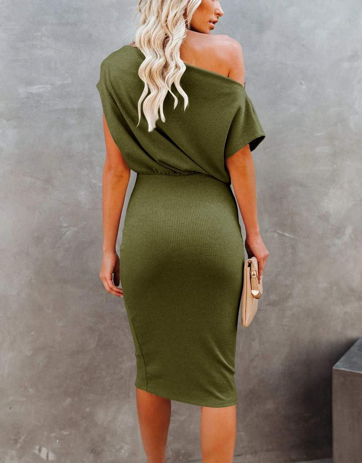 Ezbelle Women's 2025 Summer Dress Off The Shoulder Short Sleeve Ribbed Casual Party Bodycon Midi Dresses