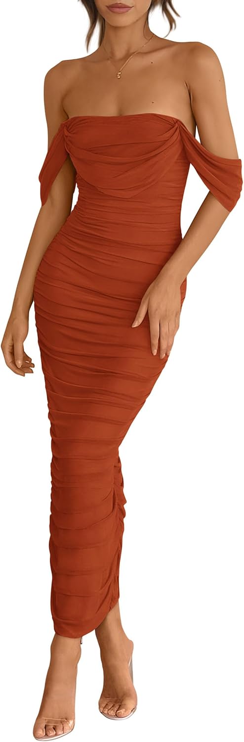 PRETTYGARDEN Womens 2025 Summer Off The Shoulder Dress Ruched Bodycon Sleeveless Split Cocktail Party Maxi Dresses