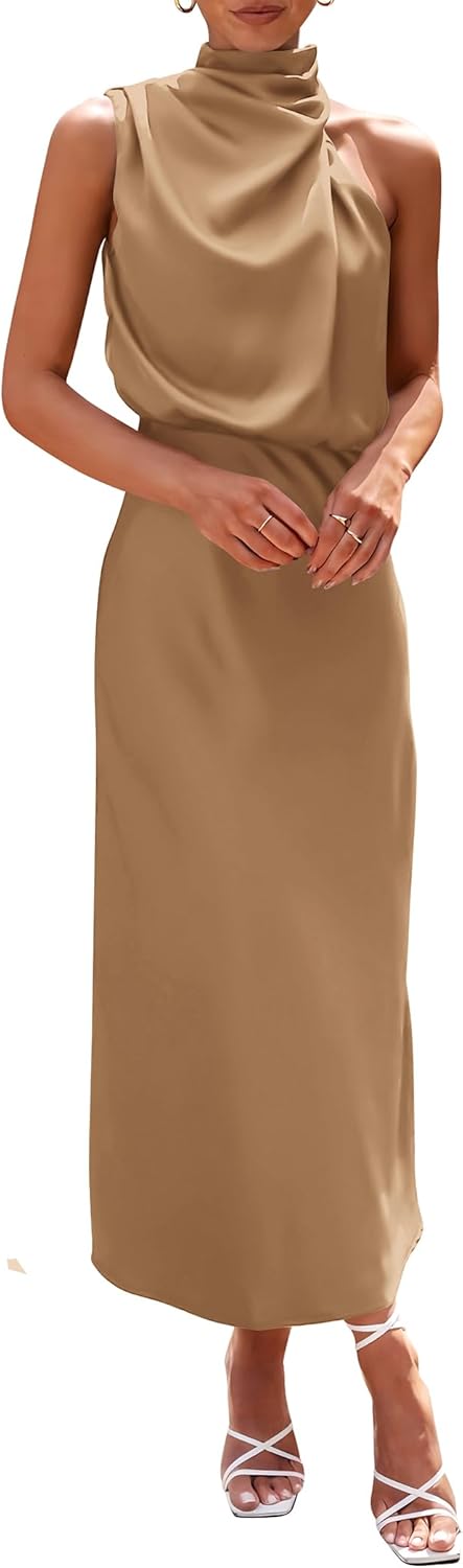 PRETTYGARDEN Women's 2025 Summer Satin Dress Elegant Sleeveless Mock Neck Cocktail Party Maxi Dresses