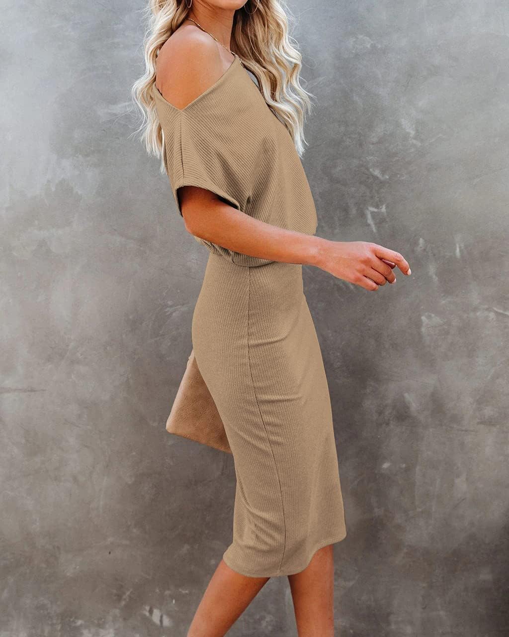 Ezbelle Women's 2025 Summer Dress Off The Shoulder Short Sleeve Ribbed Casual Party Bodycon Midi Dresses