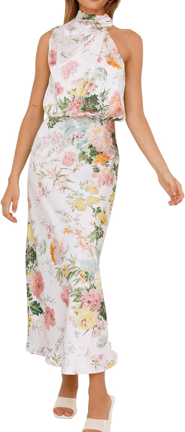 PRETTYGARDEN Women's 2025 Summer Satin Dress Elegant Sleeveless Mock Neck Cocktail Party Maxi Dresses