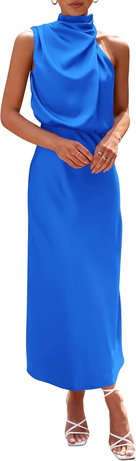 PRETTYGARDEN Women's 2025 Summer Satin Dress Elegant Sleeveless Mock Neck Cocktail Party Maxi Dresses