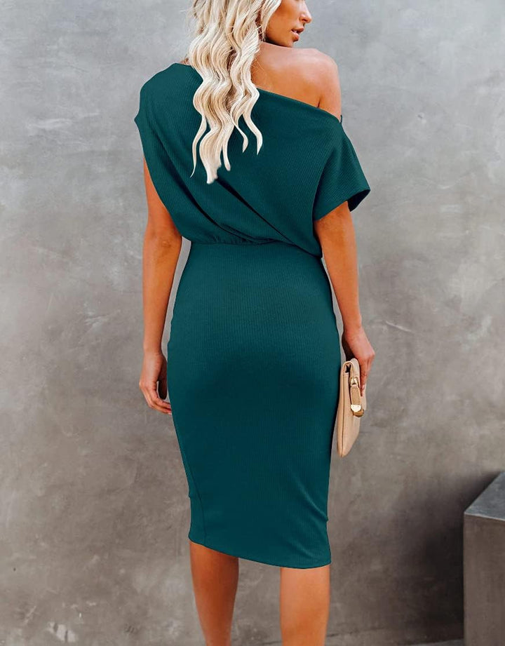 Ezbelle Women's 2025 Summer Dress Off The Shoulder Short Sleeve Ribbed Casual Party Bodycon Midi Dresses