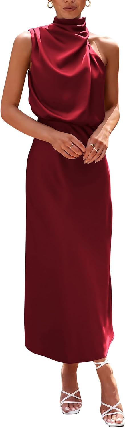 PRETTYGARDEN Women's 2025 Summer Satin Dress Elegant Sleeveless Mock Neck Cocktail Party Maxi Dresses