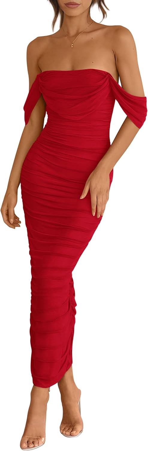 PRETTYGARDEN Womens 2025 Summer Off The Shoulder Dress Ruched Bodycon Sleeveless Split Cocktail Party Maxi Dresses