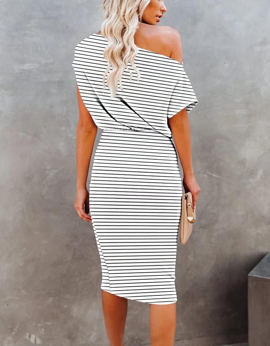 Ezbelle Women's 2025 Summer Dress Off The Shoulder Short Sleeve Ribbed Casual Party Bodycon Midi Dresses