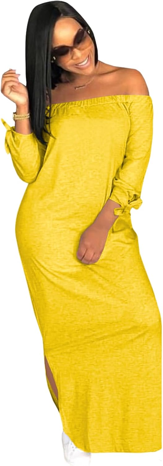 OLUOLIN Women's Casual Letter Print Off Shoulder Long Sleeve Bowknot Sides Slit Loose Long T-Shirt Maxi Dress