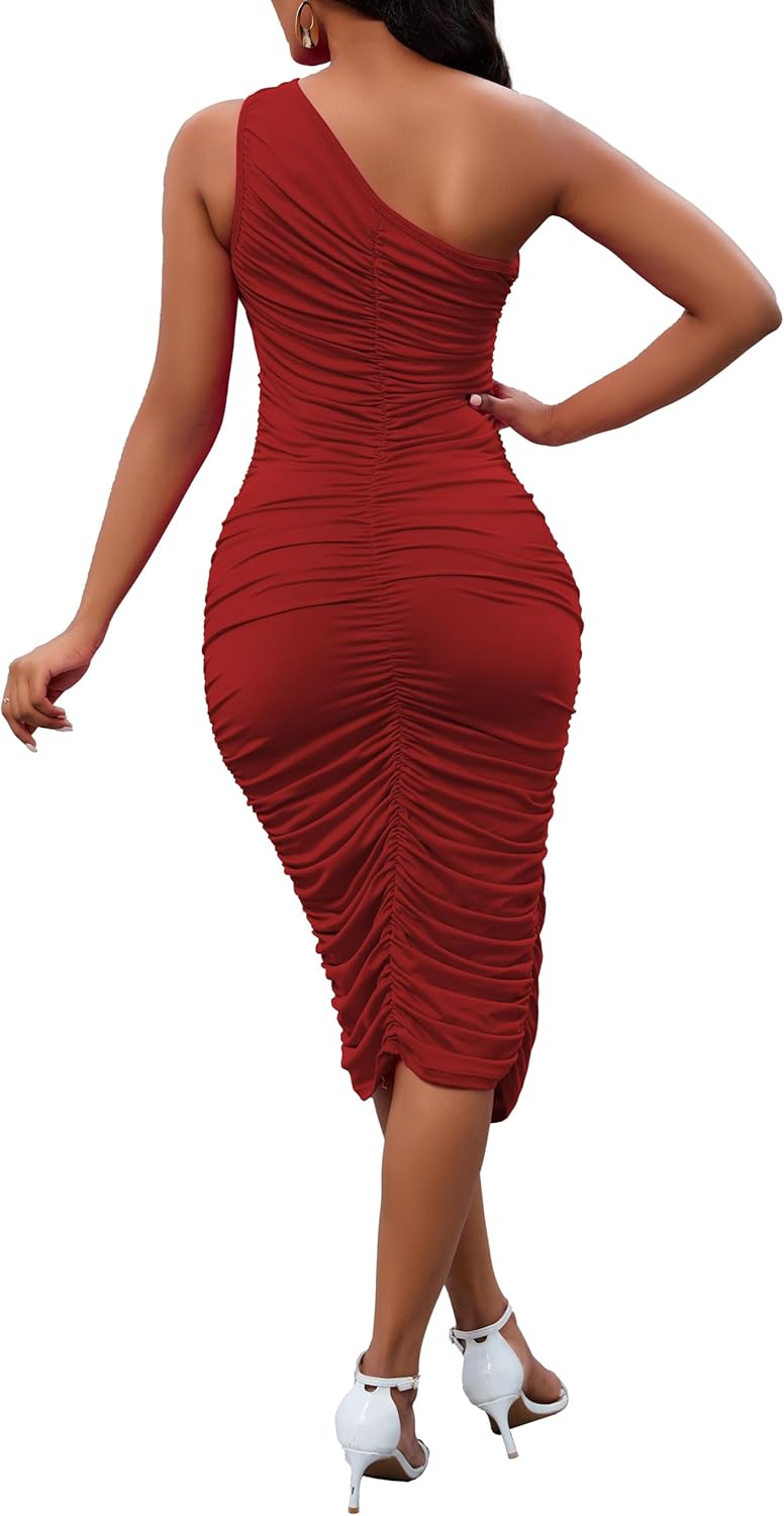 Women's Sexy One Shoulder Dresses Sleeveless Party Club Ruched Cocktail Wedding Guest Bodycon Midi Dress
