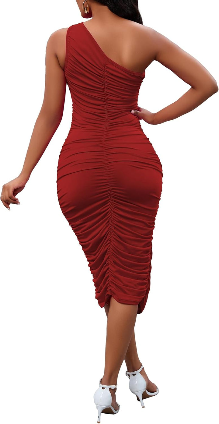 Women's Sexy One Shoulder Dresses Sleeveless Party Club Ruched Cocktail Wedding Guest Bodycon Midi Dress